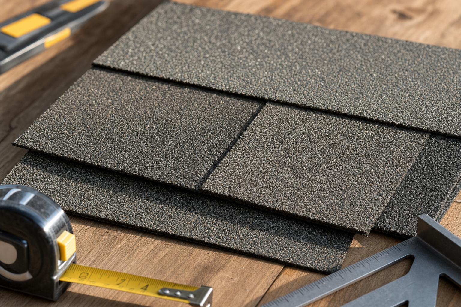 primer plano realista de tejas asfálticas arquitectónicas sobre una mesa de trabajo, granulado visible, muestra de color gris cálido, herramientas de medición al lado, luz natural, sin texto