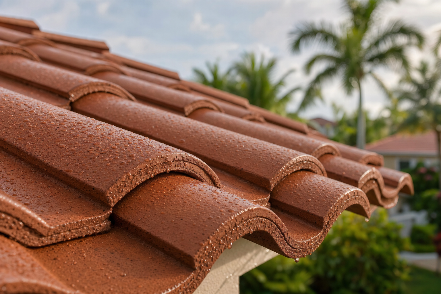 primer plano realista de tejas de concreto color terracota en una casa del sur de Florida, gotas de lluvia sobre la superficie, palmeras desenfocadas al fondo, luz suave después de lluvia, sin texto