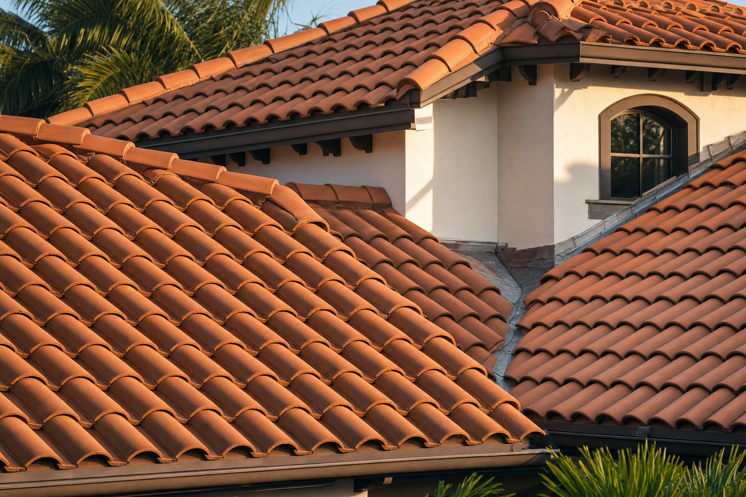 close-up photo of clean terracotta roof tiles on a Miami-style home with visible roof valleys and flashing, warm late-afternoon light, no people, no text