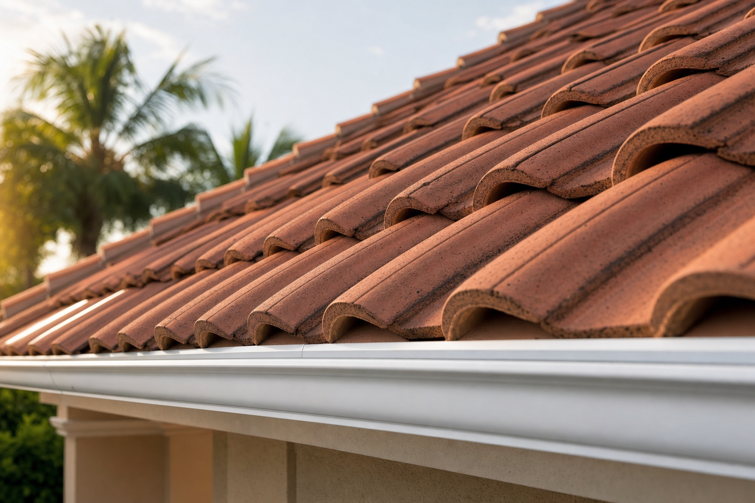 fotografía realista de primer plano de tejas de concreto color terracota en una casa del sur de Florida, con canaleta limpia y palmeras desenfocadas al fondo, luz de tarde, sin personas, sin texto
