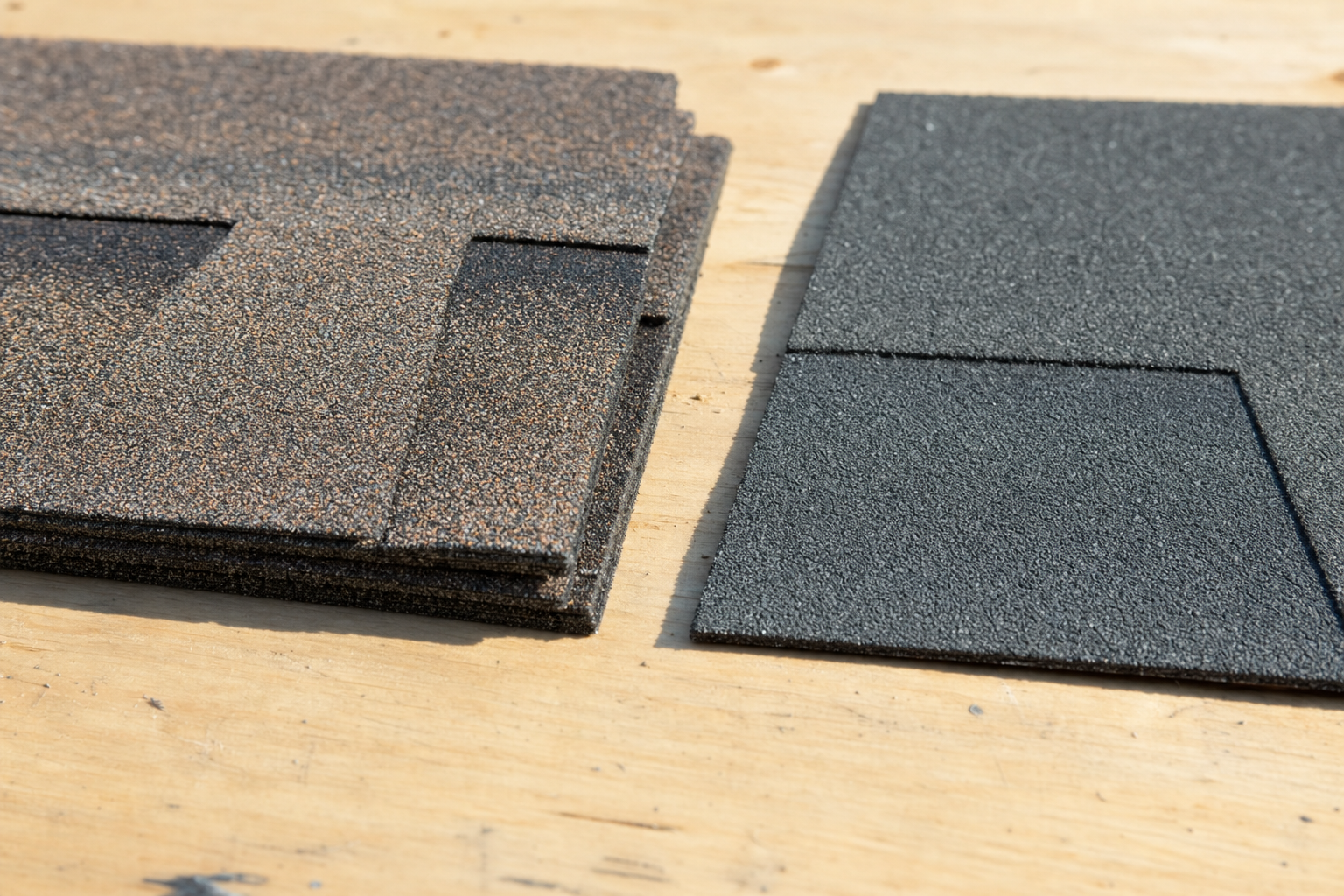 close-up photo of architectural asphalt shingles next to flat 3-tab shingles on a clean roofing workbench, visible texture and thickness difference, natural daylight, no hands, no text