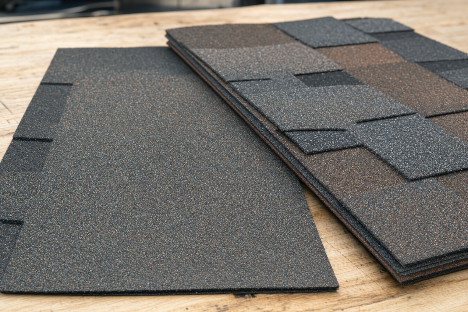 primer plano realista de dos muestras de teja asfáltica sobre una mesa de trabajo, una plana de tres pestañas y otra laminada con textura, luz natural, sin marcas ni texto