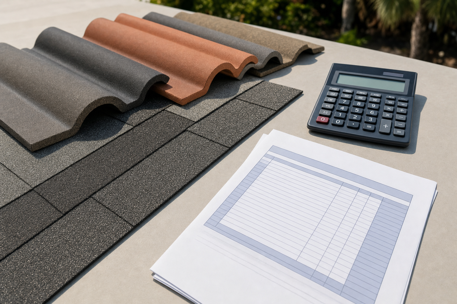 realistic close-up photo of roofing material samples, a calculator, and a printed estimate on a clean table, South Florida daylight, no visible company logos, no text on image