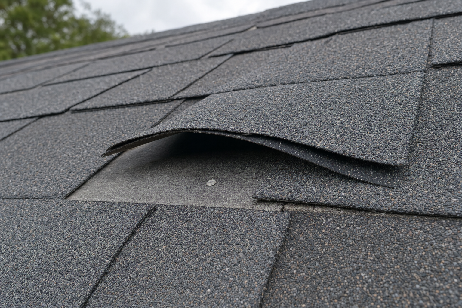 close-up documentary photo of wind-lifted asphalt shingles on a South Florida roof, visible creasing and exposed nail area, overcast natural light, no people, no text