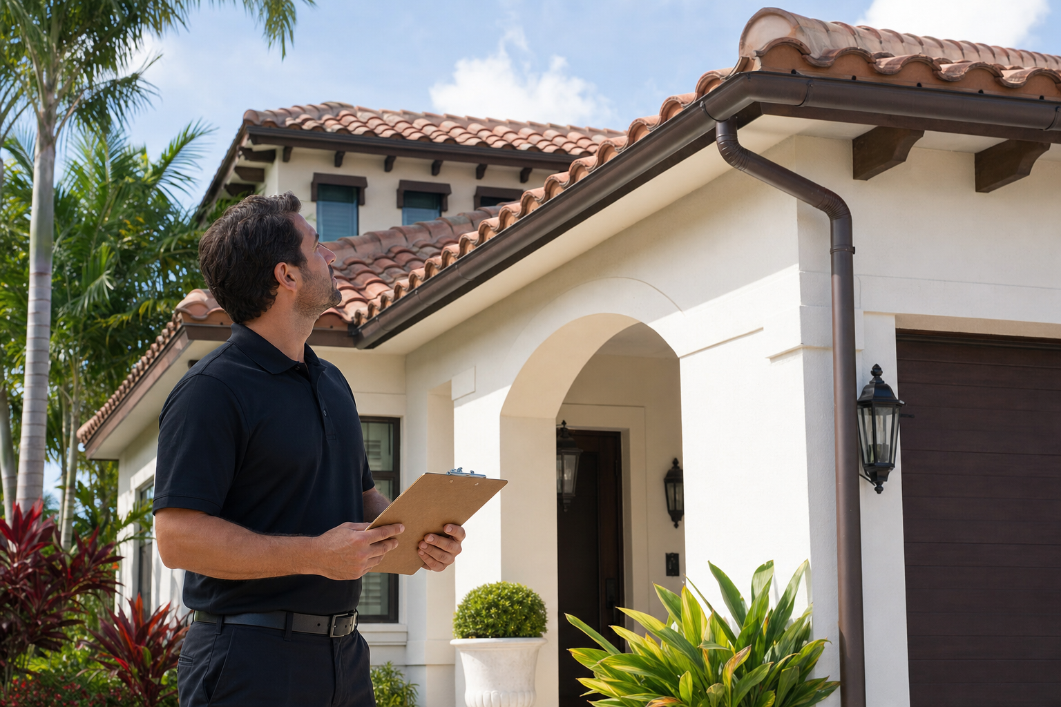 documentary medium shot of a roofing consultant standing on the ground beside a Miami home and looking up at the roofline, plain solid black polo with no visible logo or wordmark, clipboard held naturally, professional afternoon light, safe ground-level composition