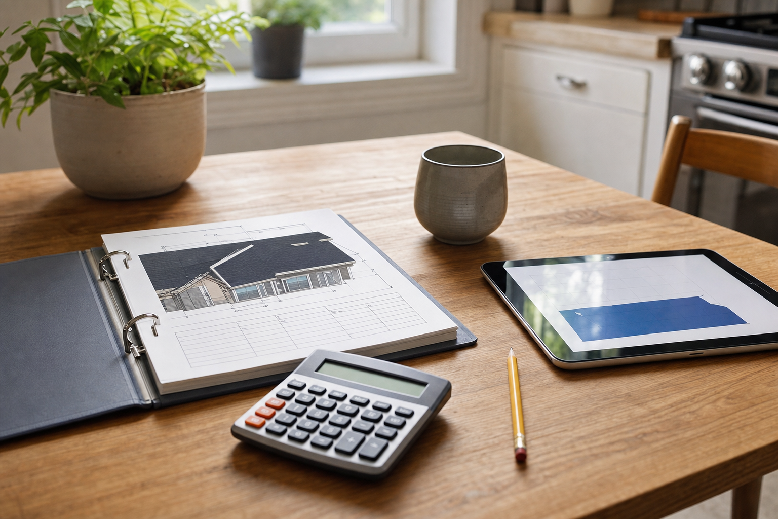 foto realista de una mesa de cocina con carpeta de estimado de techo, calculadora, lápiz y tableta con gráfica simple sin texto legible, luz natural, ambiente doméstico ordenado