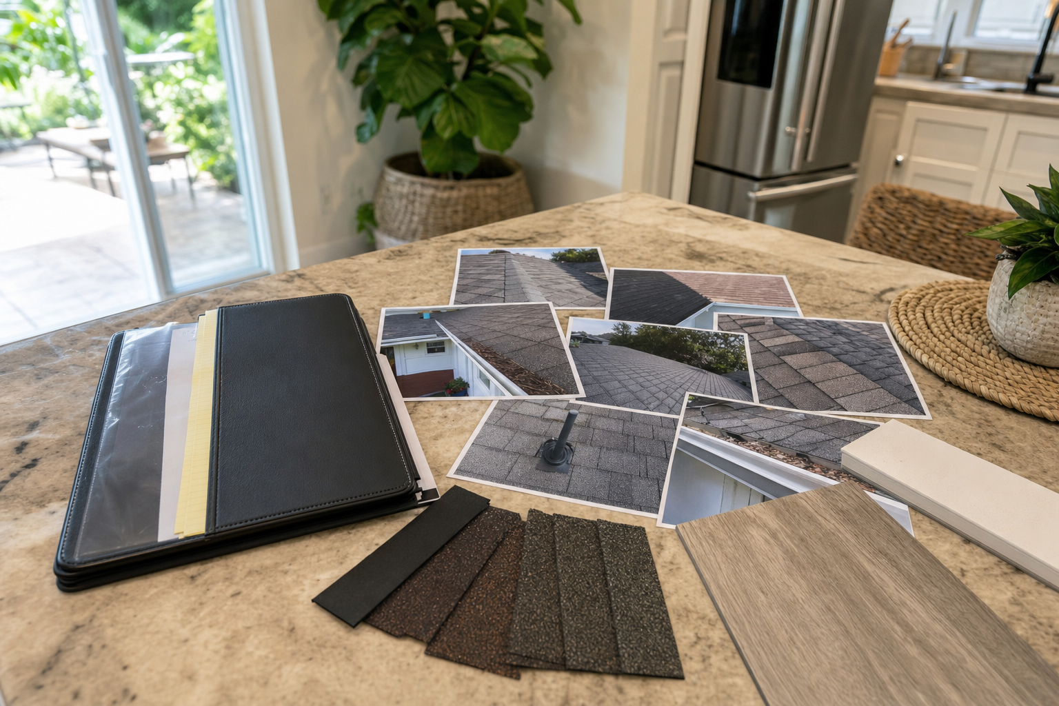 documentary photo of a roofing estimate folder, roof inspection photos, and material samples on a kitchen table in a Miami home, natural window light, homeowner point of view, no readable text