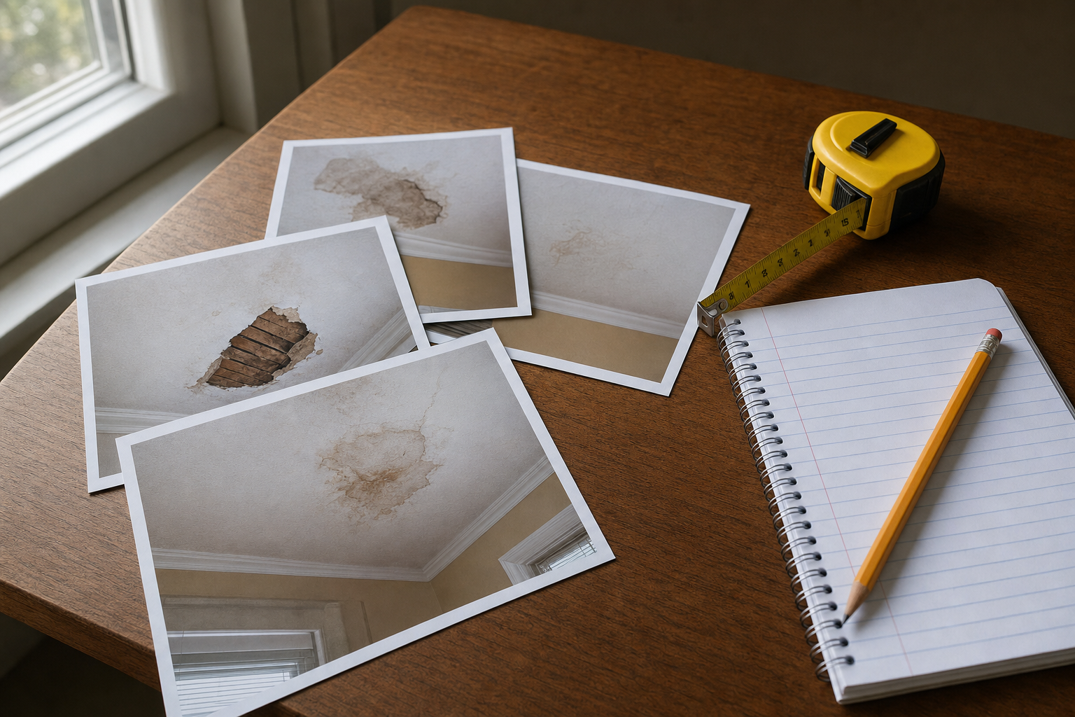 foto realista de una mesa con fotos impresas de daño en techo, cinta métrica, libreta de notas y lápiz, luz de ventana, sin logotipos, sin texto legible