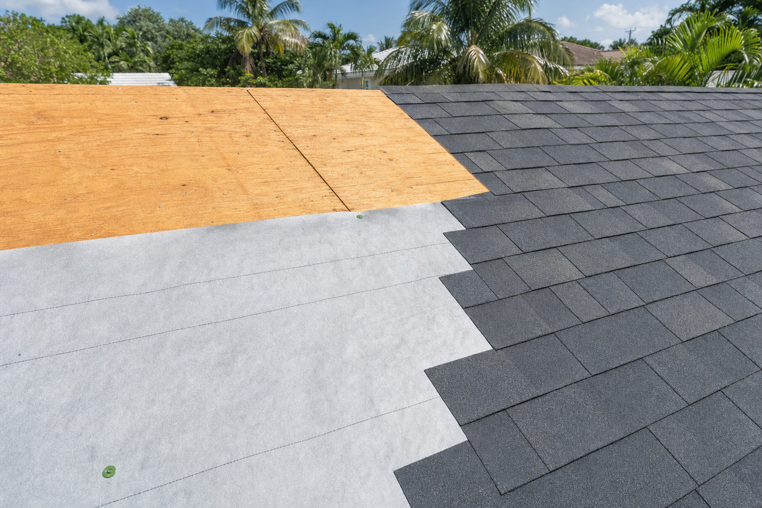realistic photo of a South Florida asphalt shingle roof section during replacement, close-up of clean decking and underlayment transition, no workers visible, sunny weather, no text