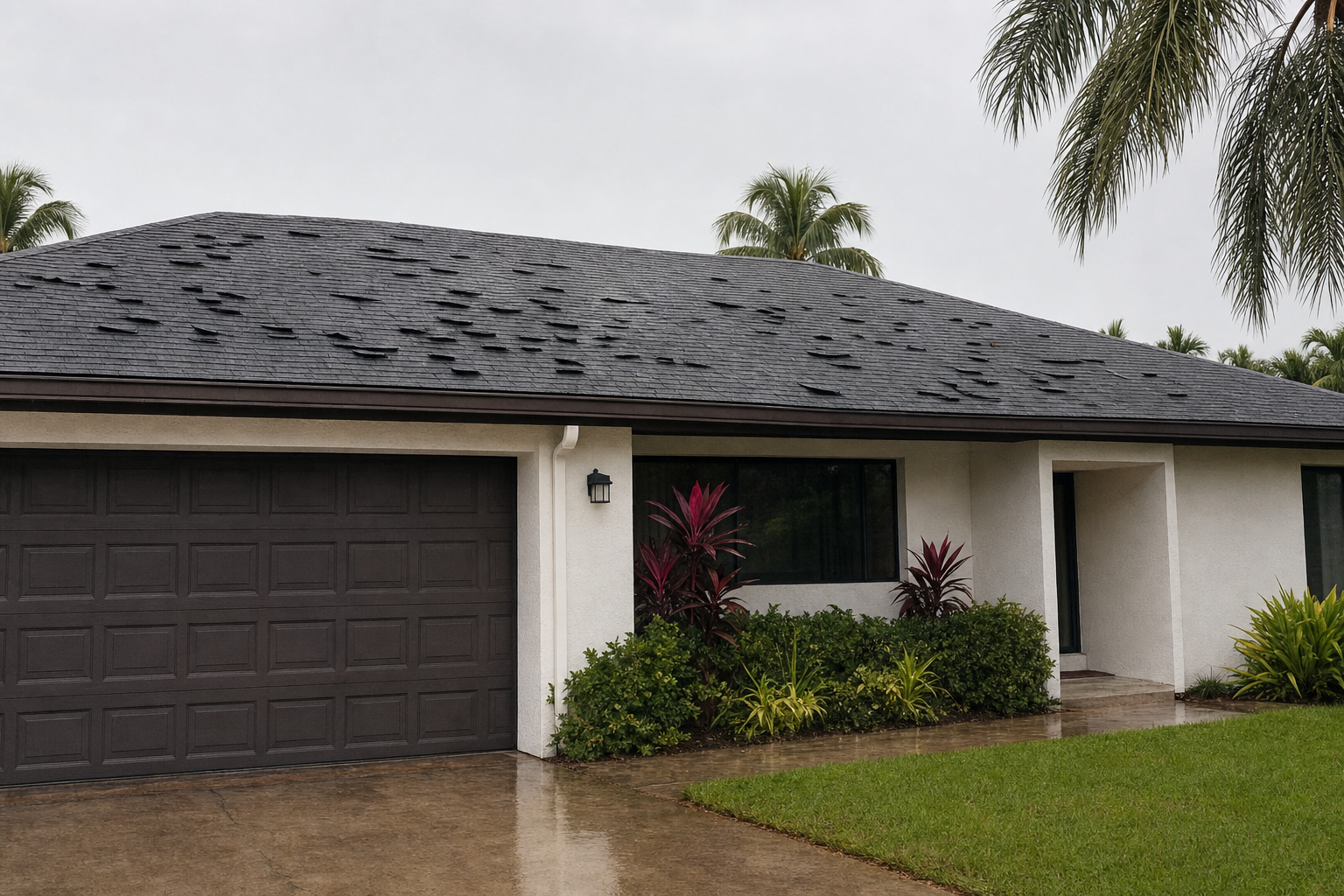 realistic exterior photo of a Miami asphalt shingle roof after rain, visible lifted shingles and wet driveway viewed safely from ground level, overcast sky, no people, no text