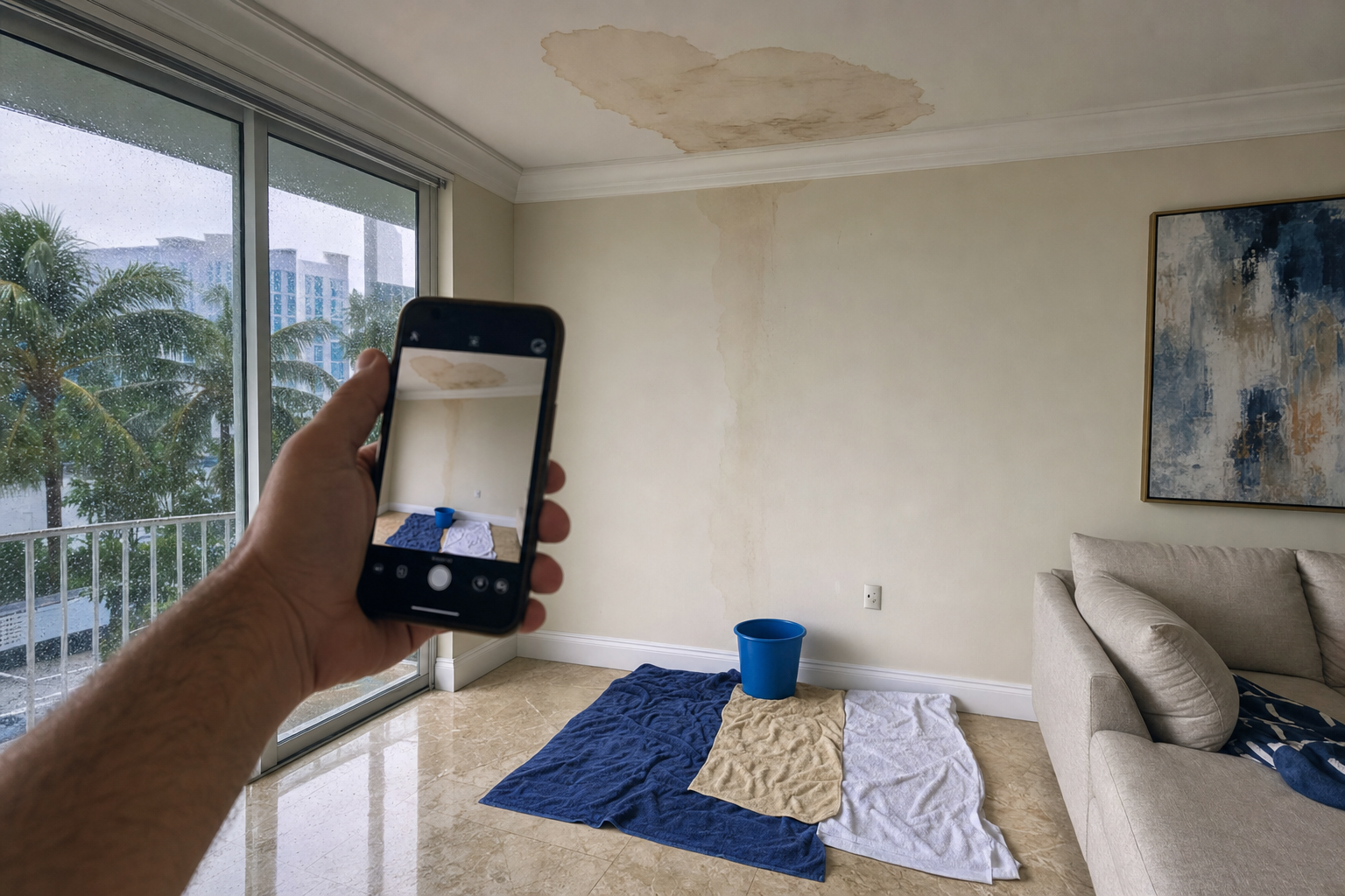 foto documental desde el punto de vista de un propietario tomando fotos con celular de una mancha de agua en plafón y piso protegido con toallas, interior de casa en Miami, luz de lluvia, sin texto en la imagen