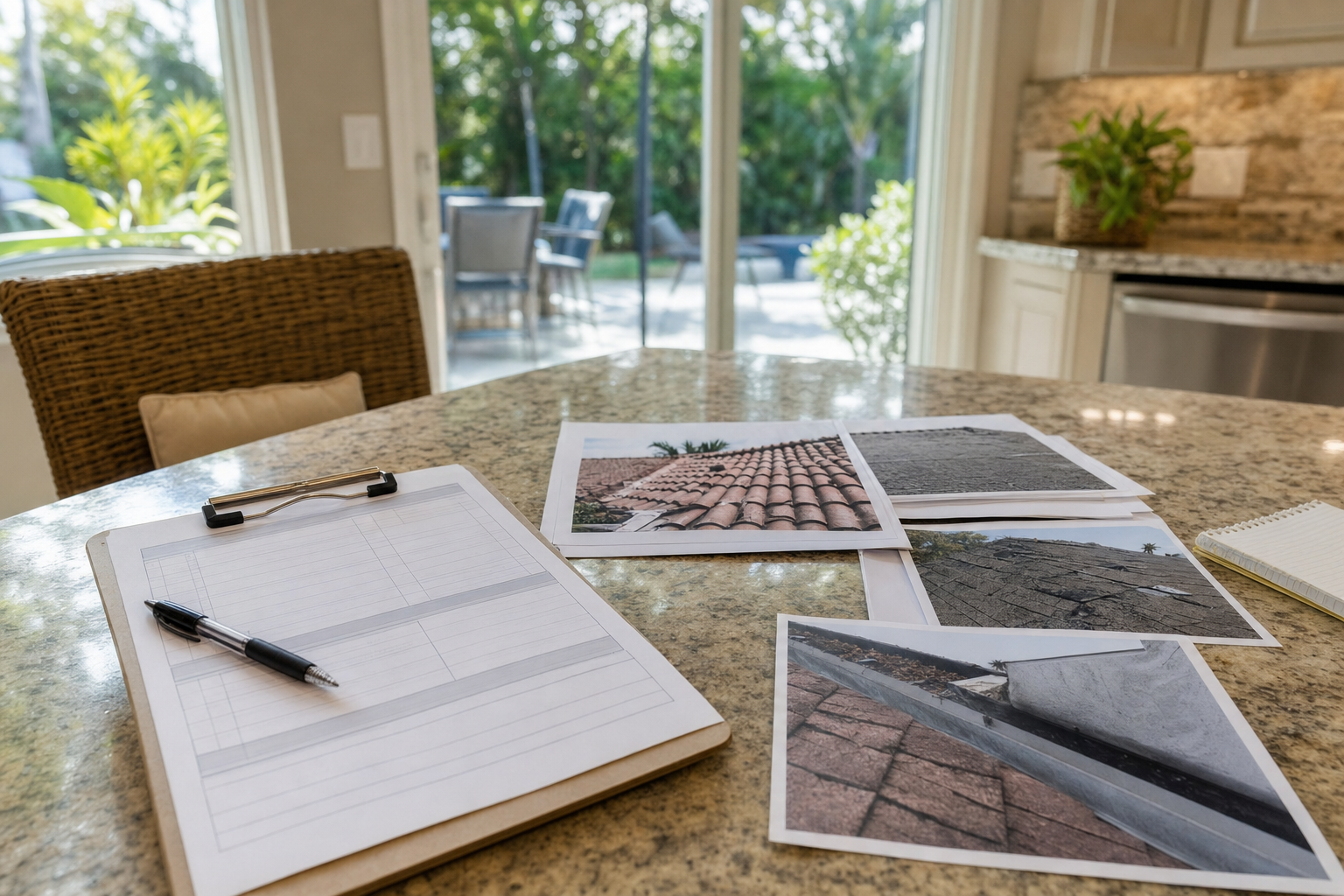 documentary photo of a roofing inspection clipboard, permit documents, and roof-condition photos laid on a kitchen table in a South Florida home, natural window light, no readable text