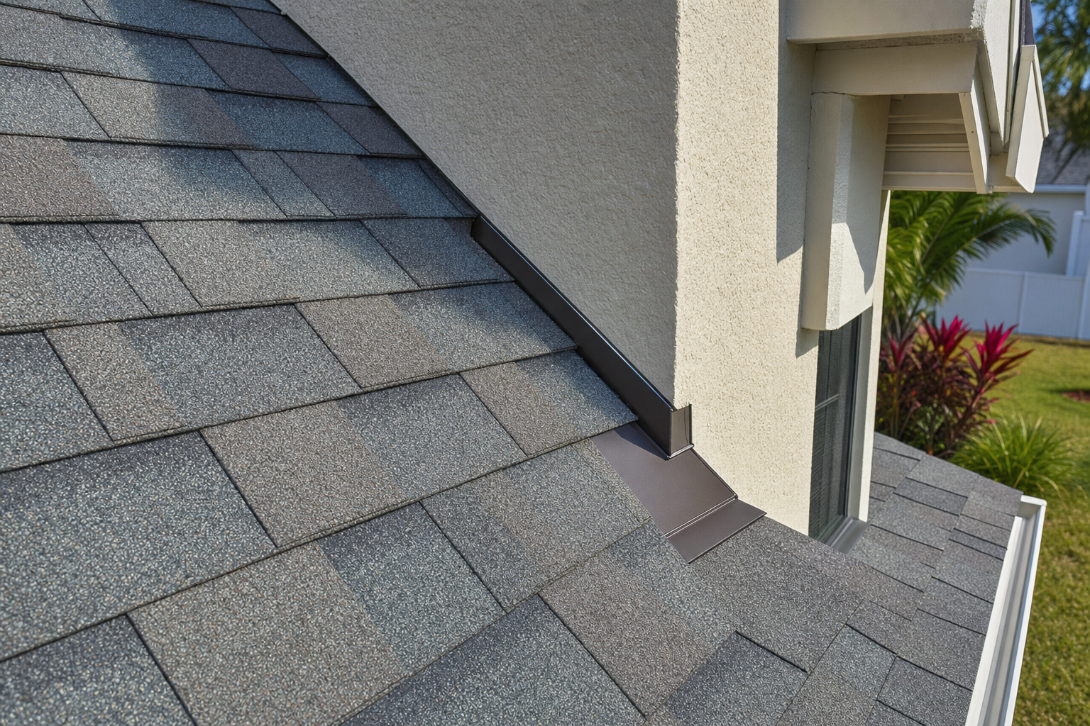 realistic close-up photo of architectural asphalt shingles with granule texture and clean flashing detail on a Florida home, late morning sunlight, no people, no text