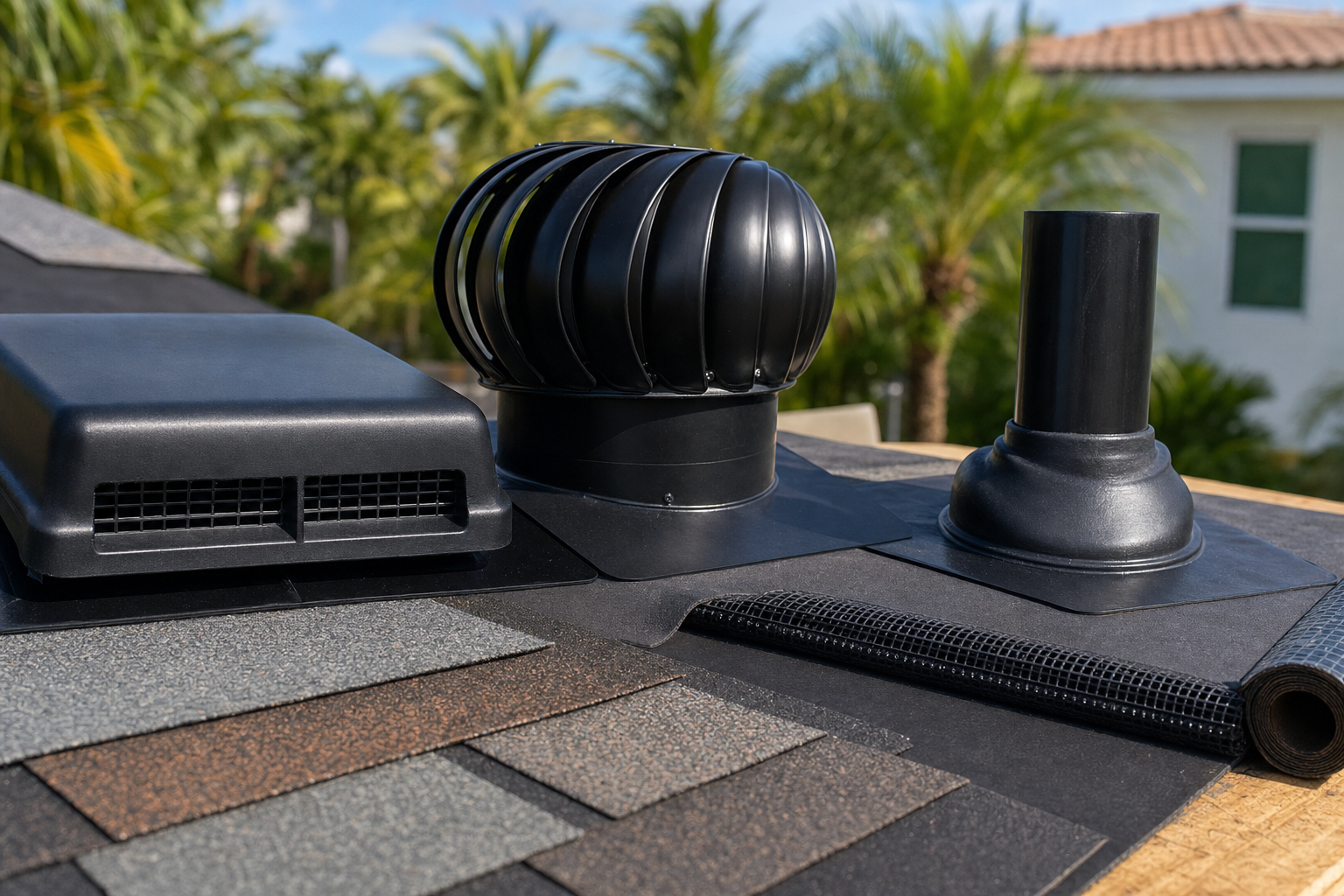 ground-level macro photo of roofing ventilation components on a work table beside asphalt shingle samples and underlayment, South Florida sunlight, realistic contractor documentation style, no logos, no text