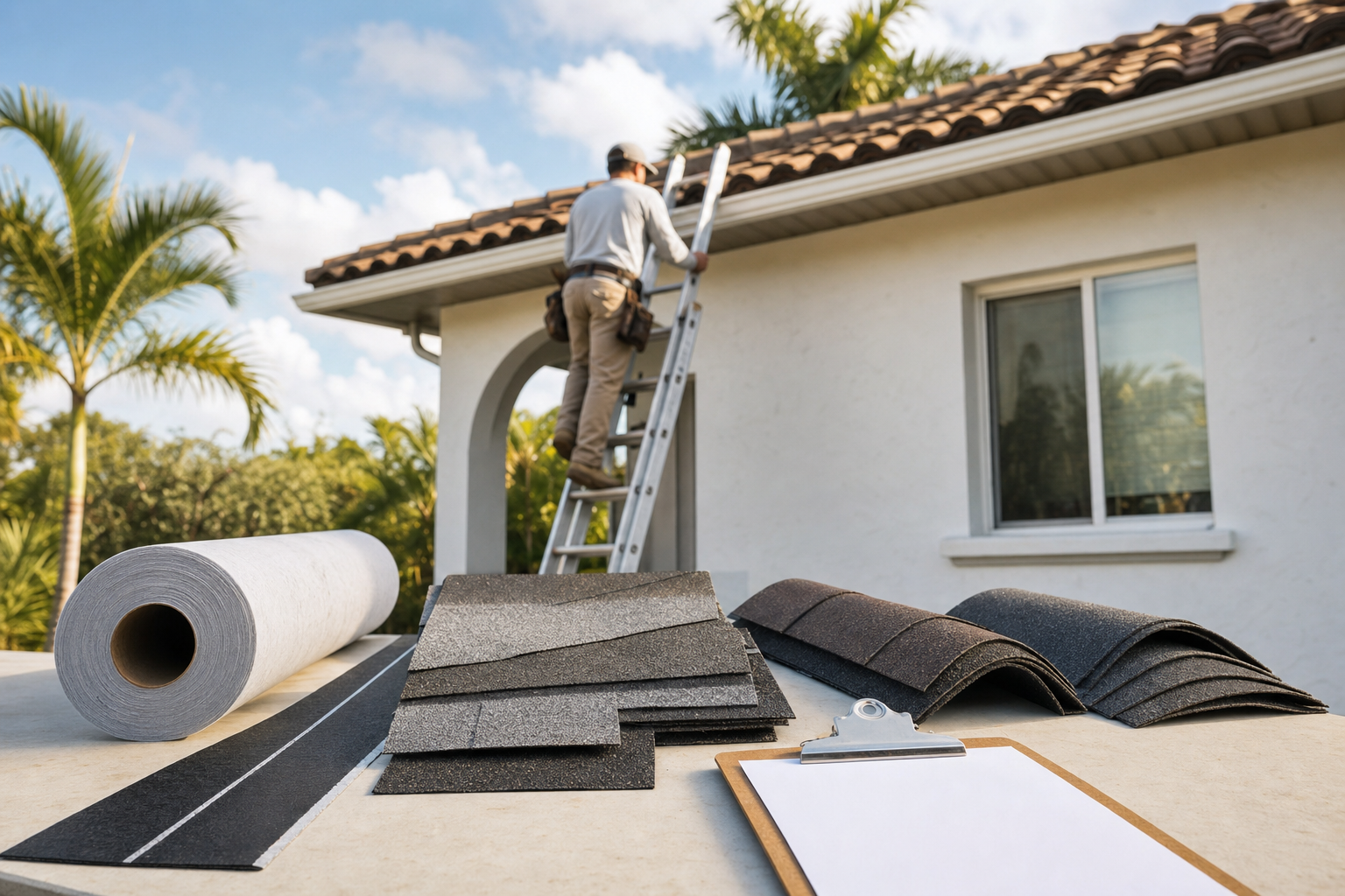 realistic photo of roofing material samples, underlayment roll, starter strip, hip and ridge shingles, and a clipboard on a clean work table at a South Florida job site, warm natural light, no logos, no text