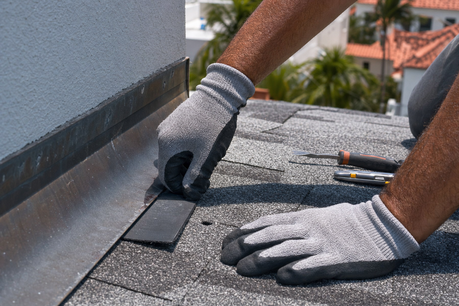 foto documental de manos con guantes revisando tapajuntas y borde de tejas asfálticas en un techo residencial de Miami, enfoque cercano, herramientas pequeñas visibles, sin rostros, sin texto