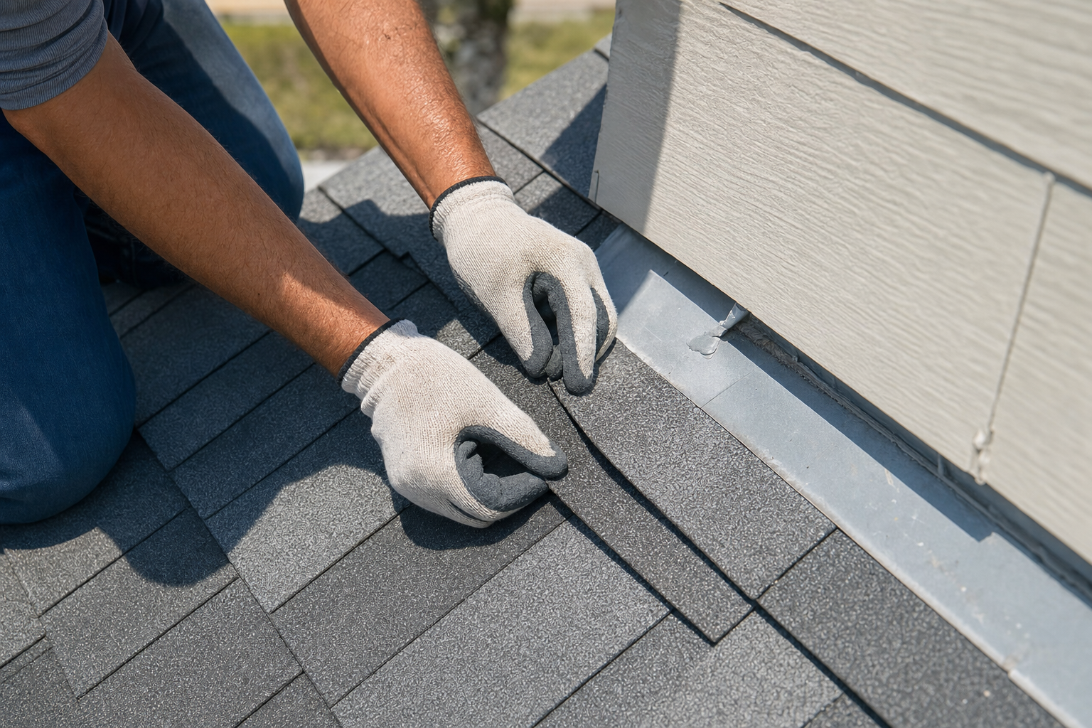 realistic photo of a roofing contractor’s gloved hands checking asphalt shingle edges and flashing on a South Florida pitched roof, close-up only, safe framing, bright daylight, no visible logos or text
