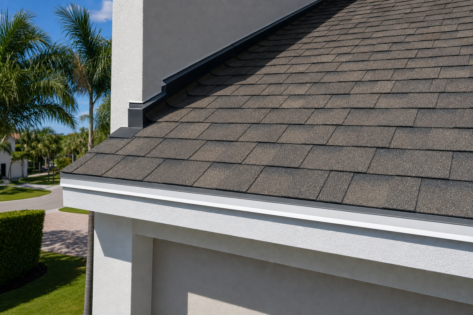 realistic close-up photo of architectural asphalt shingles on a South Florida home roof with clean drip edge and flashing detail, bright daylight, no people, no text