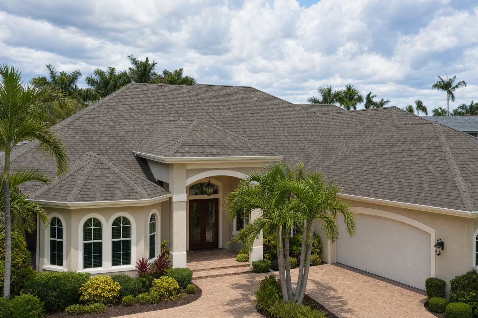 wide realistic photo of a completed architectural shingle roof on a South Florida single-family home, stucco exterior, palm landscaping, bright but natural daylight, no workers, no text