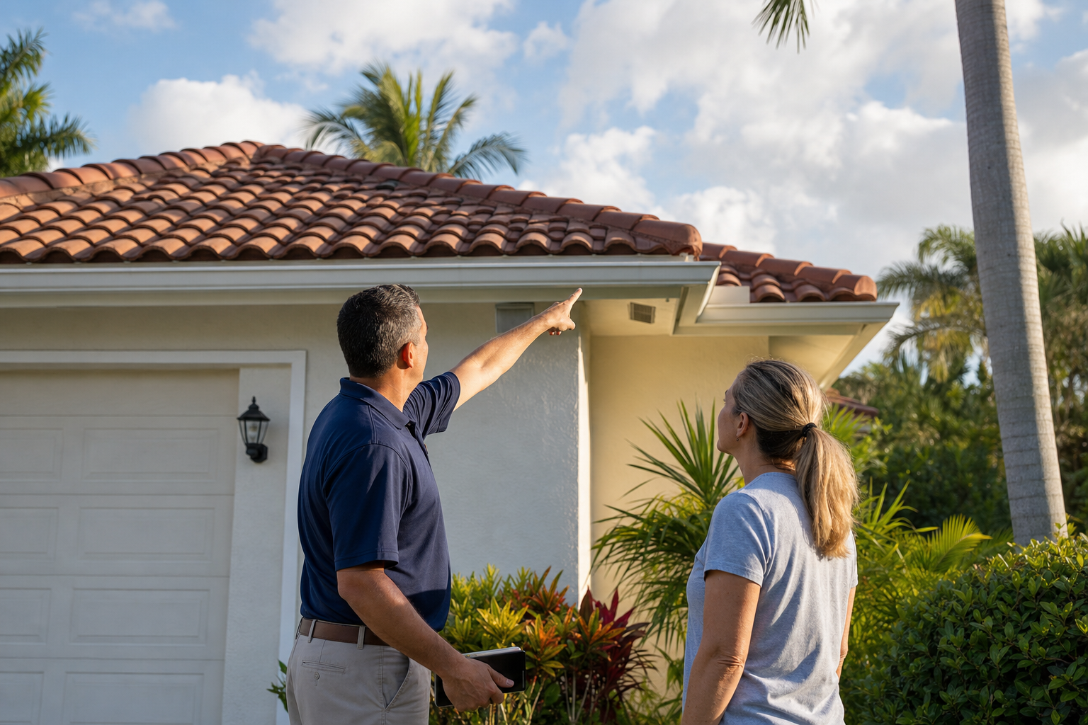 documentary photo of a South Florida residential tile roof inspection from ground level, contractor on the ground pointing toward the roofline with homeowner nearby, safe professional posture, afternoon light, no text on image