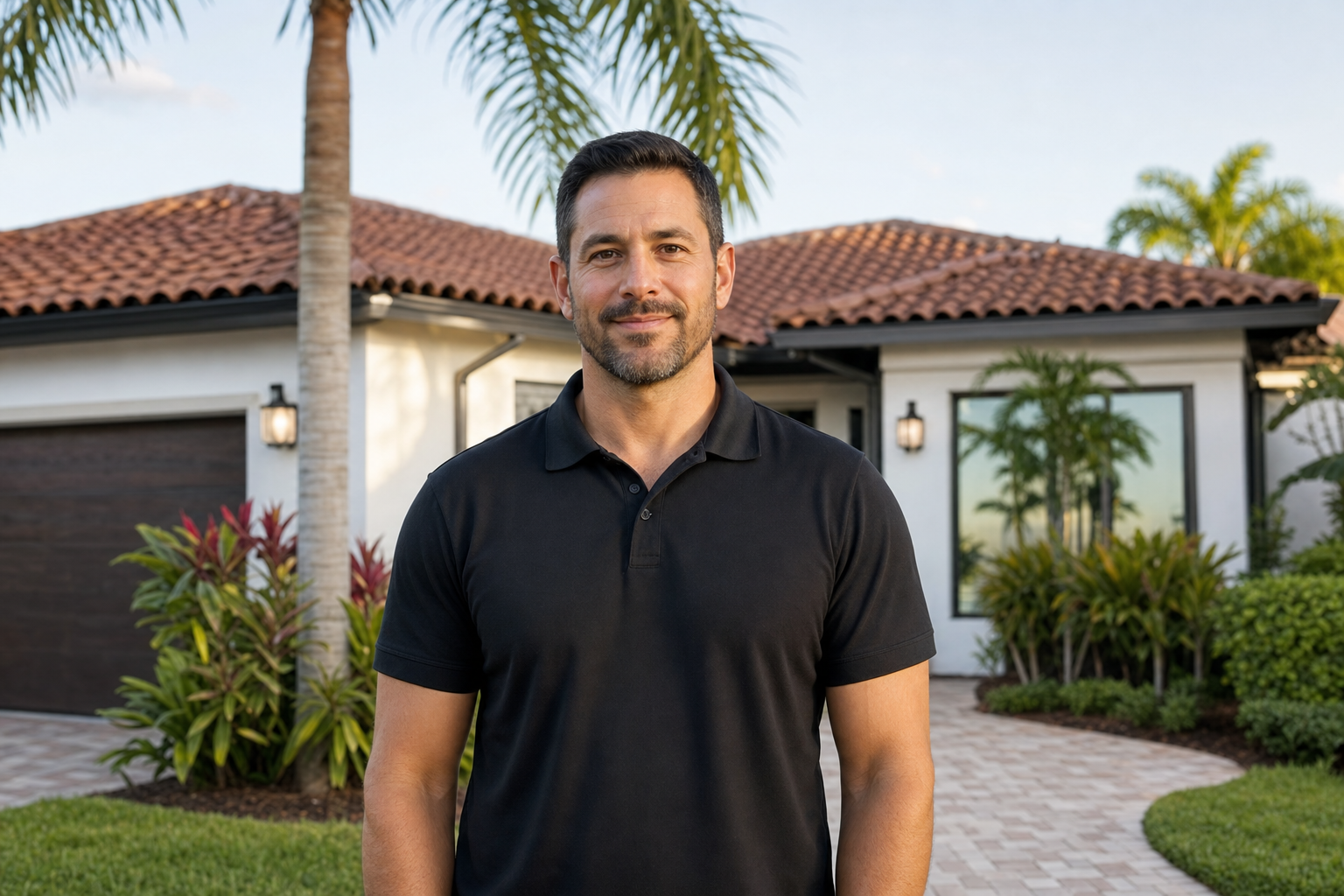 toma media centrada de un representante de Duke Contractors de pie frente a una casa de Miami, camisa tipo polo lisa negra sin logotipo visible ni marca denominativa, pecho completamente visible mirando a cámara, luz de tarde, actitud profesional y cercana