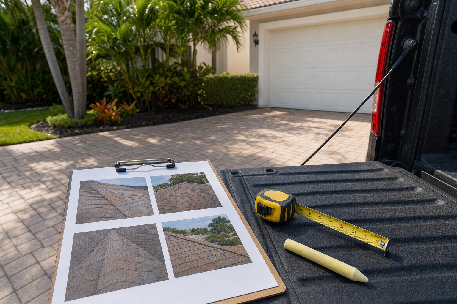 realistic photo of roof inspection documentation on a clipboard with printed roof photos, measuring tape, and roofing chalk on a clean truck tailgate, South Florida driveway, no visible company logo, no text