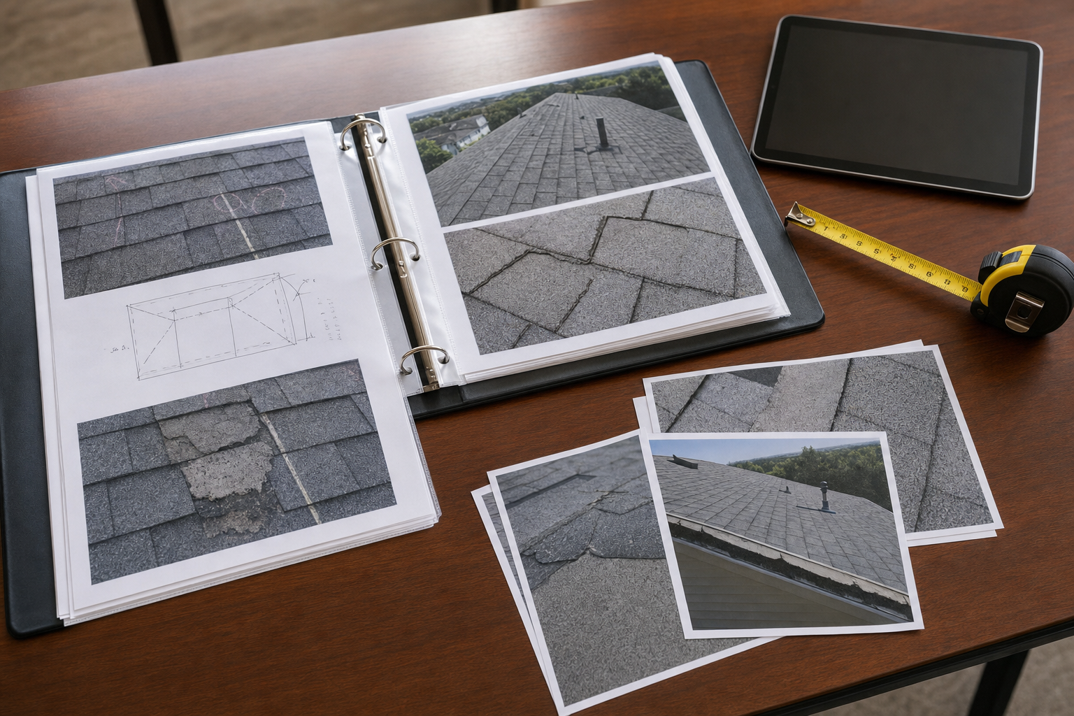 foto realista de una carpeta de documentación de techo sobre una mesa, fotos impresas de daño, cinta métrica y tableta sin texto legible, luz natural de oficina, sin logotipos