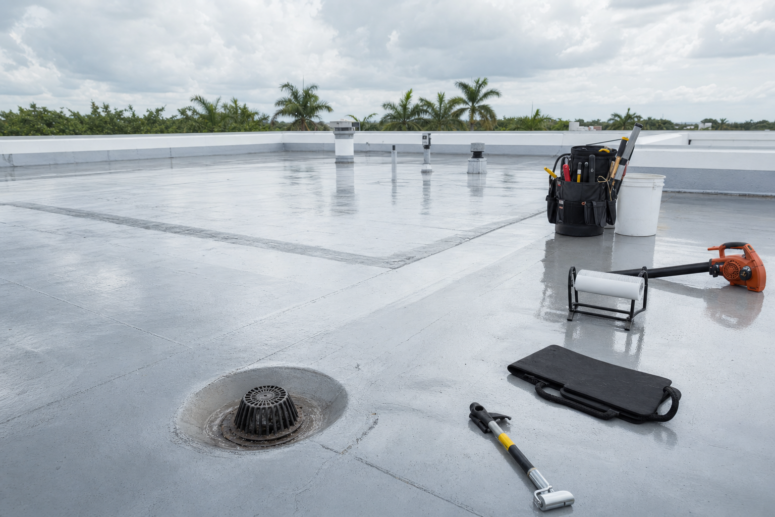 documentary photo of a South Florida flat commercial roof after rain with clean drainage area and roofing tools arranged safely, bright overcast sky, no workers on roof edge, no text