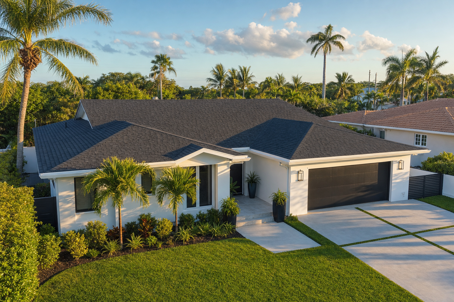 wide documentary photo of a clean Miami residential roofline after a completed roofing project, bright late-afternoon light, tidy yard and driveway, no people, no text