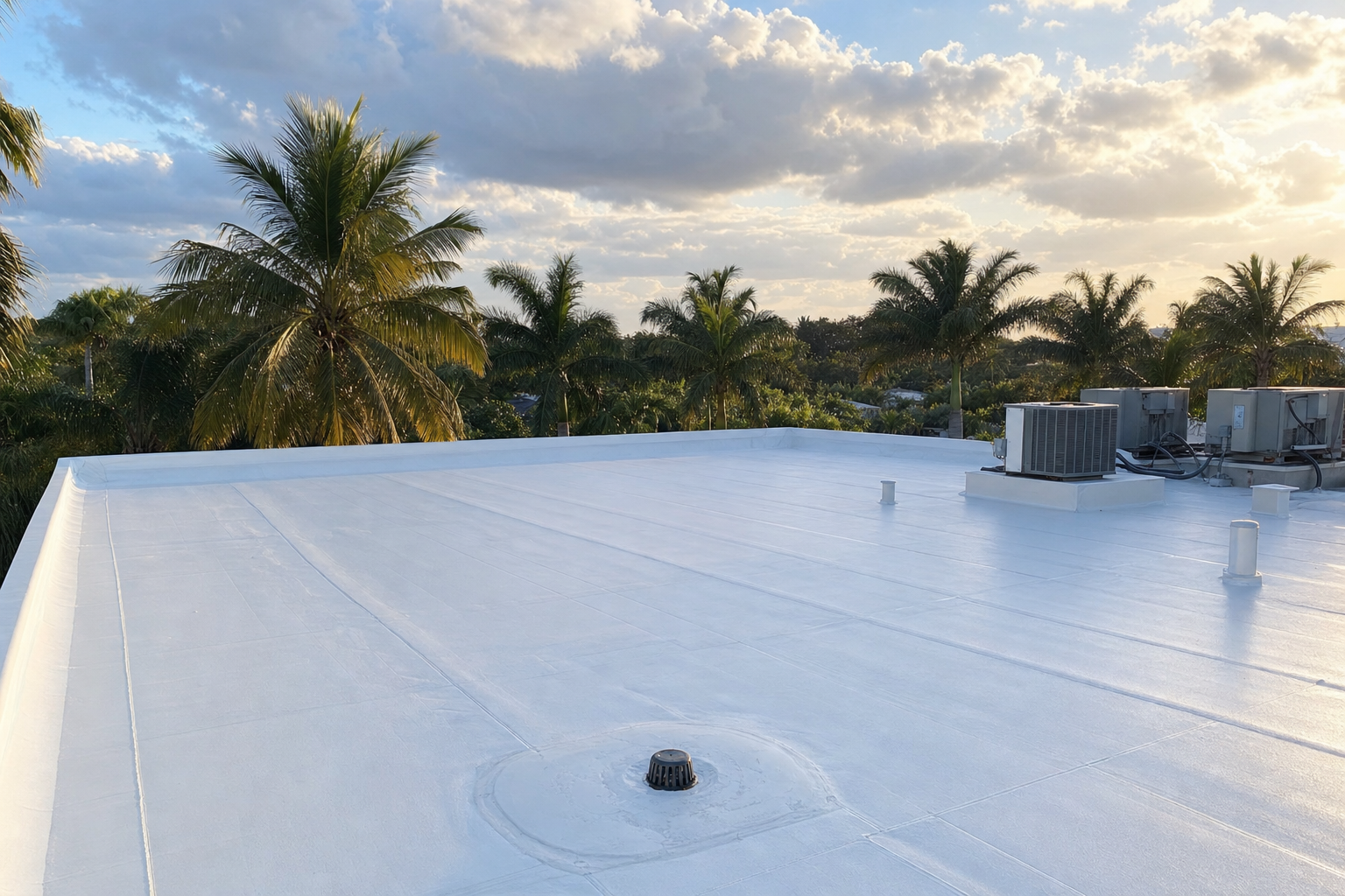 documentary photo of a South Florida low-slope roof section with white membrane roofing, clean drainage area, and HVAC units in distance, late afternoon light, no workers, no text
