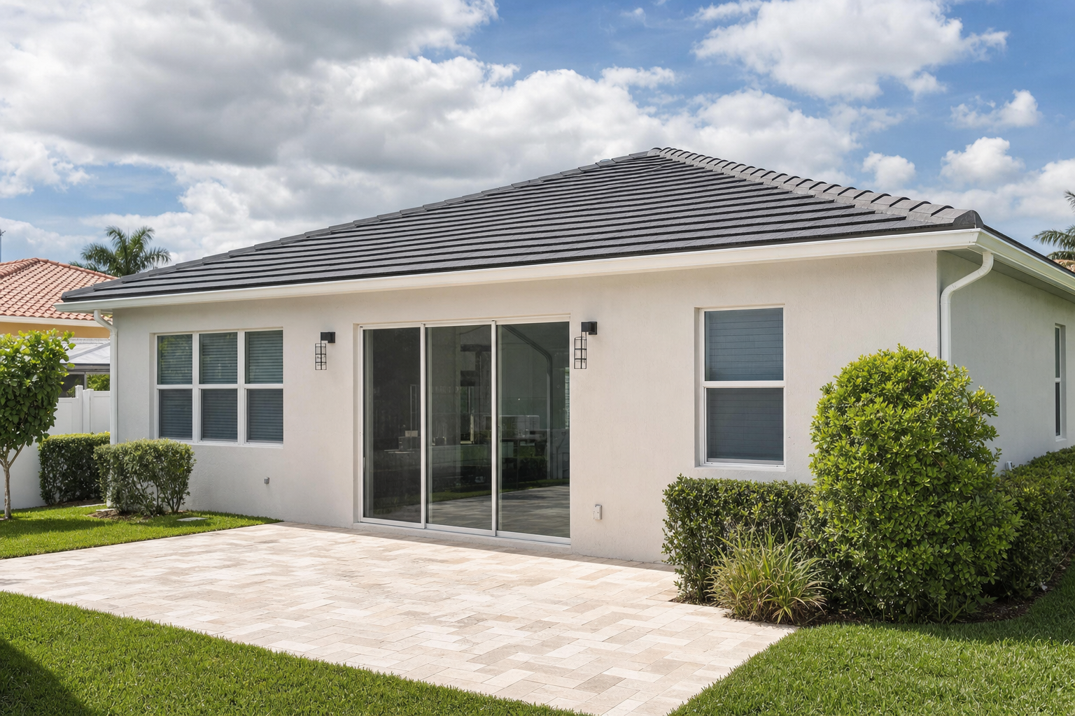 foto realista de una vivienda del sur de Florida después de un reemplazo de techo terminado, patio limpio, canaletas visibles, cielo parcialmente nublado, sin personas, sin texto visible