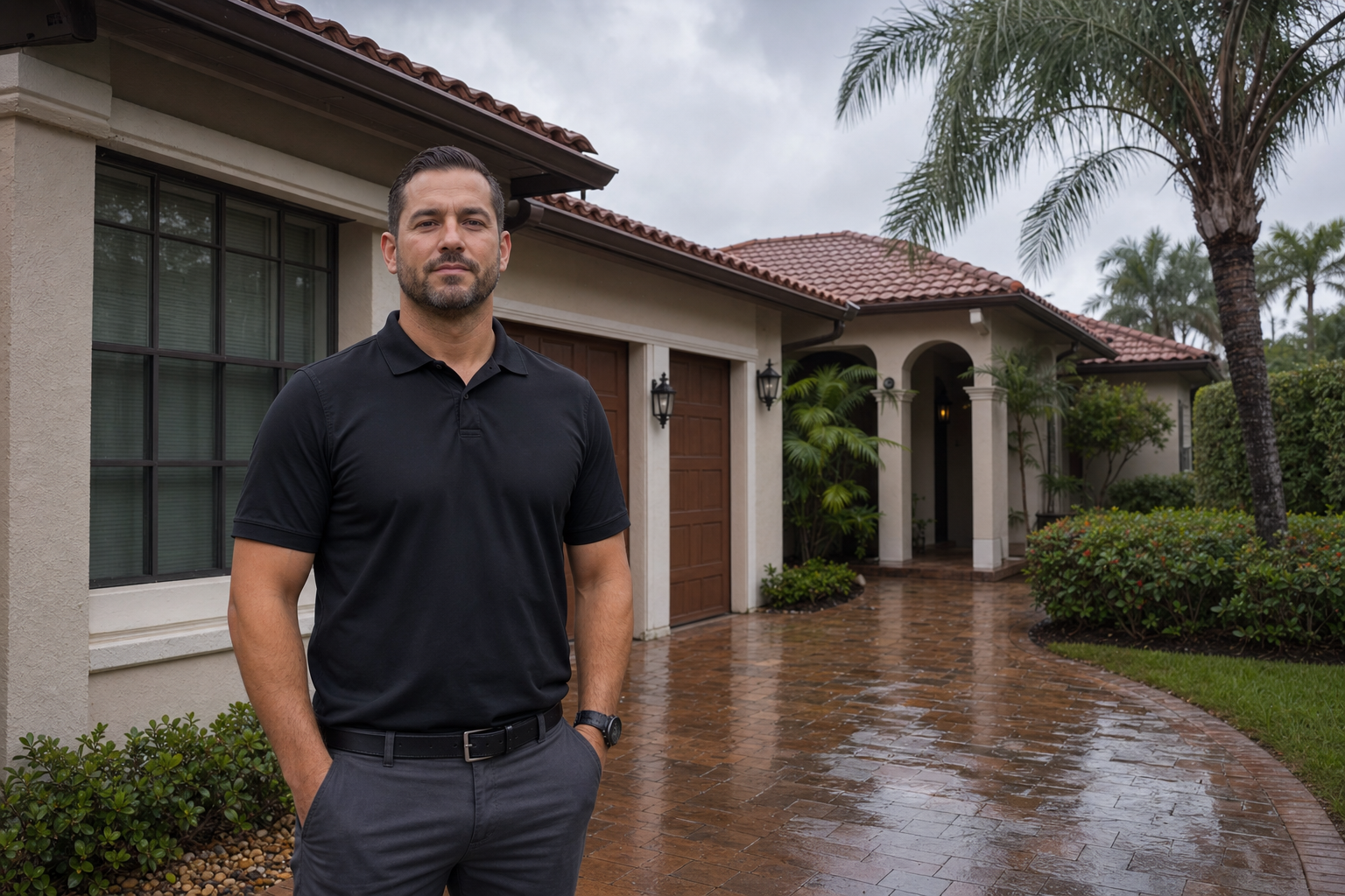 documentary medium shot of a Duke Contractors representative standing on the ground in front of a South Florida home after rain, plain solid black polo with no visible logo or wordmark, professional calm expression, cloudy afternoon light, no text