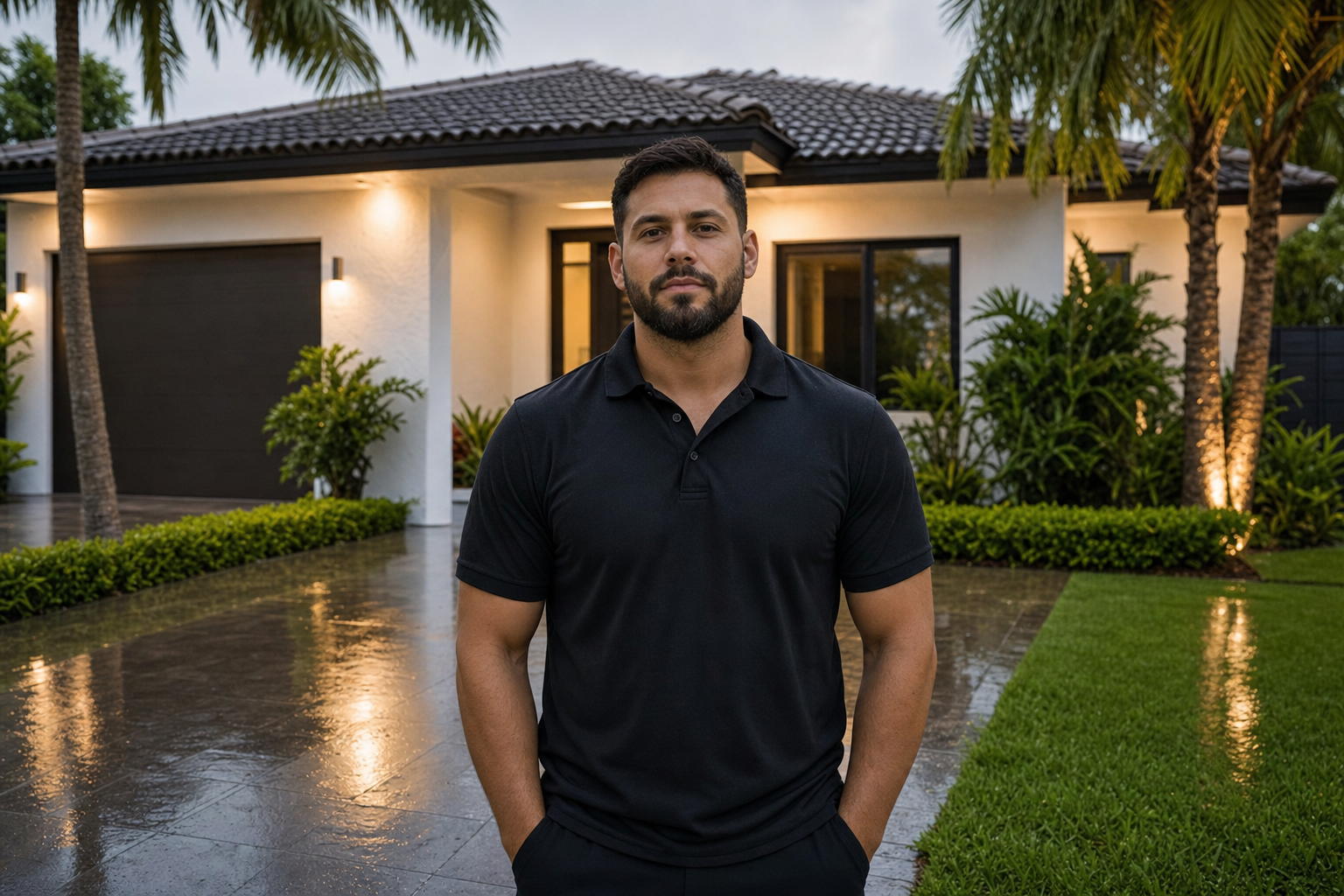 toma media centrada de un integrante de Duke Contractors frente a una casa de Miami después de la lluvia, polo sólido negro sin logotipo, sin texto ni marca visible en la ropa, postura profesional y tranquila, luz de tarde húmeda, sin texto en la imagen