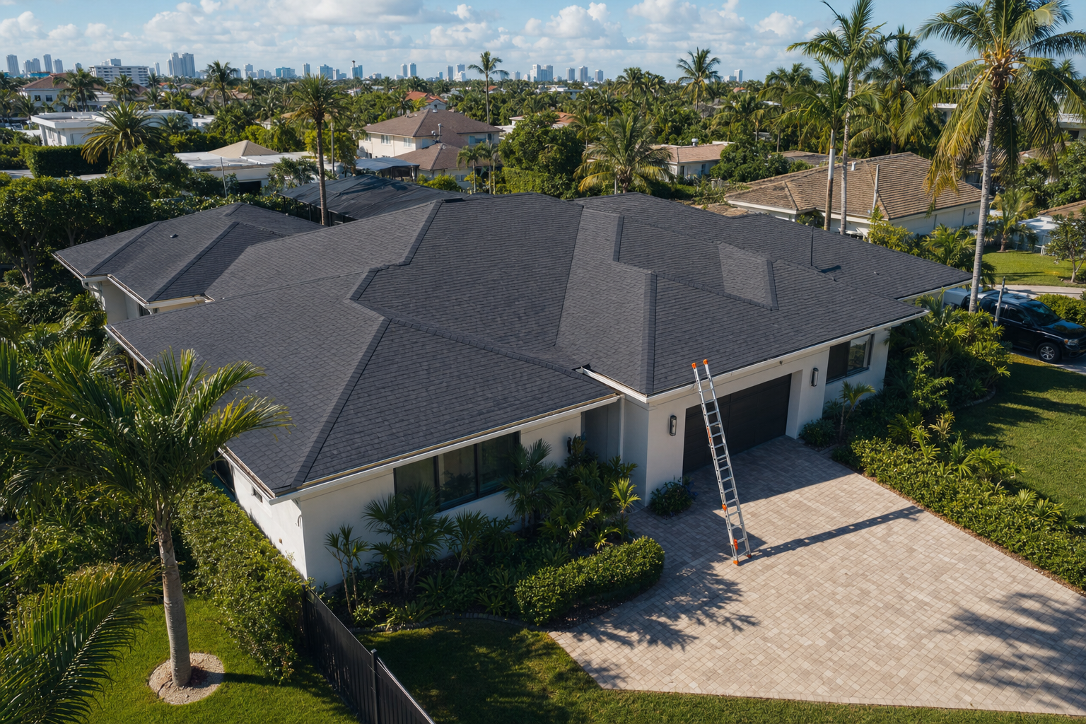 45-degree drone photo of a completed South Florida residential roof in Miami with clean roof lines, visible inspection ladder at driveway edge, palm trees and neighborhood context, bright afternoon light, no people, no text