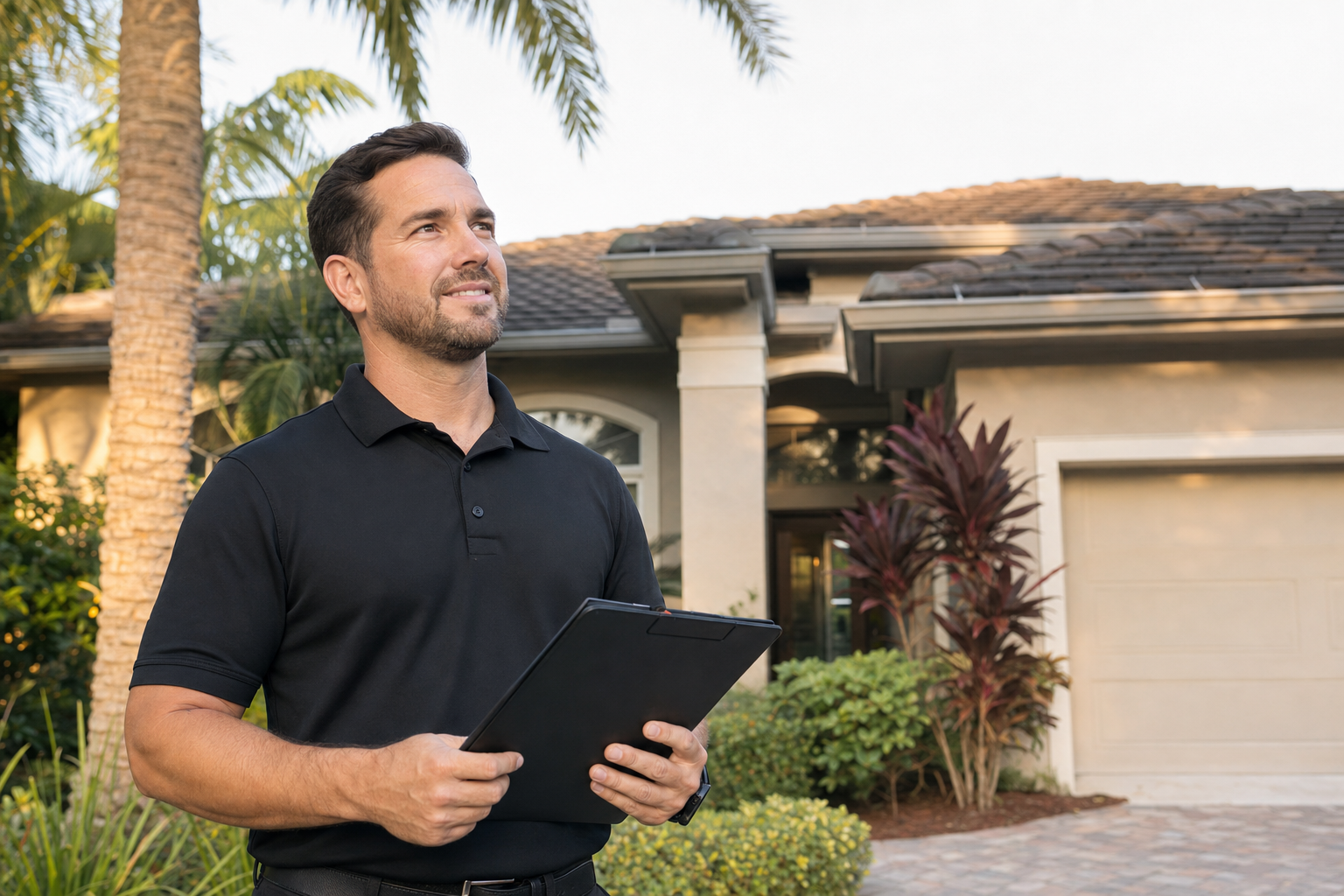 documentary medium shot of a Duke Contractors roofing consultant standing on the ground in front of a South Florida home, plain solid black polo with no visible logo or wordmark, professional and approachable mood, late afternoon light, no text