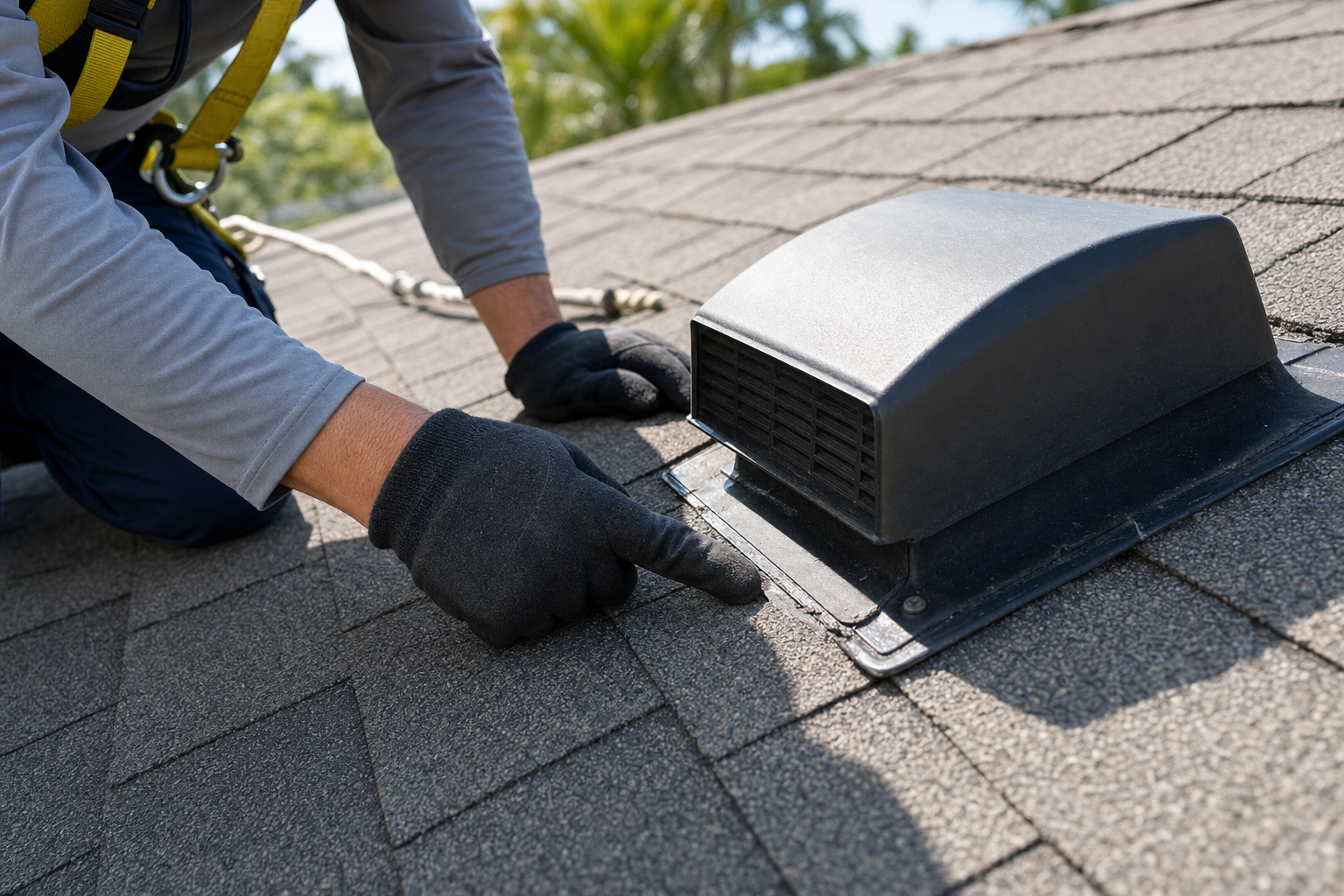 close-up photo of gloved hands inspecting a roof vent and surrounding shingles on a stable roof plane, safety harness line partially visible, bright South Florida afternoon light, no text
