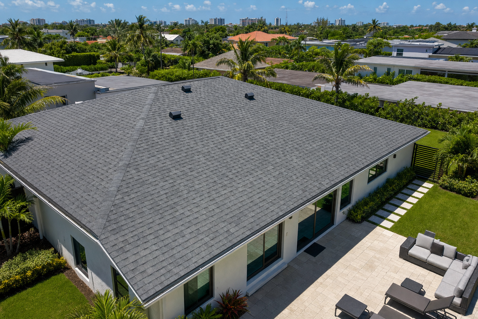 toma aérea a 45 grados de un techo residencial de tejas asfálticas en una casa de Miami, líneas limpias, patio ordenado, cielo soleado, sin personas, sin texto ni logotipos