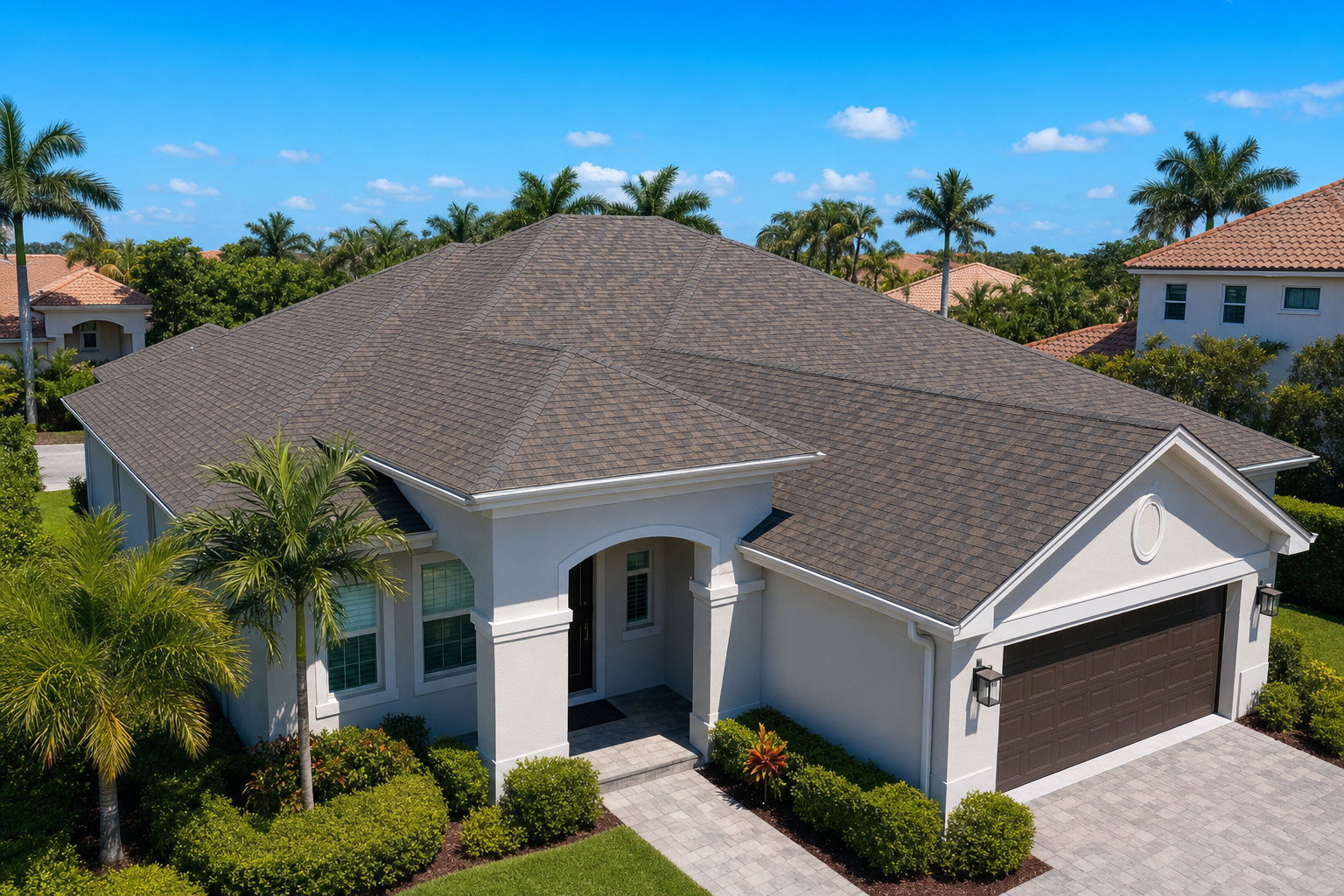 45-degree drone photo of a completed architectural shingle roof on a clean South Florida home in Kendall, bright blue sky, palms in background, crisp rooflines, no people, no logos, no text