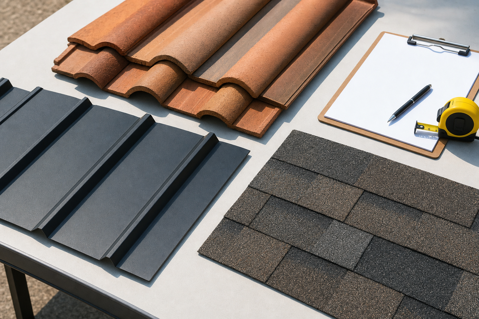 documentary photo of roofing material samples for tile, metal panel, and architectural shingles laid on a clean work table beside a clipboard and tape measure, natural daylight, no text