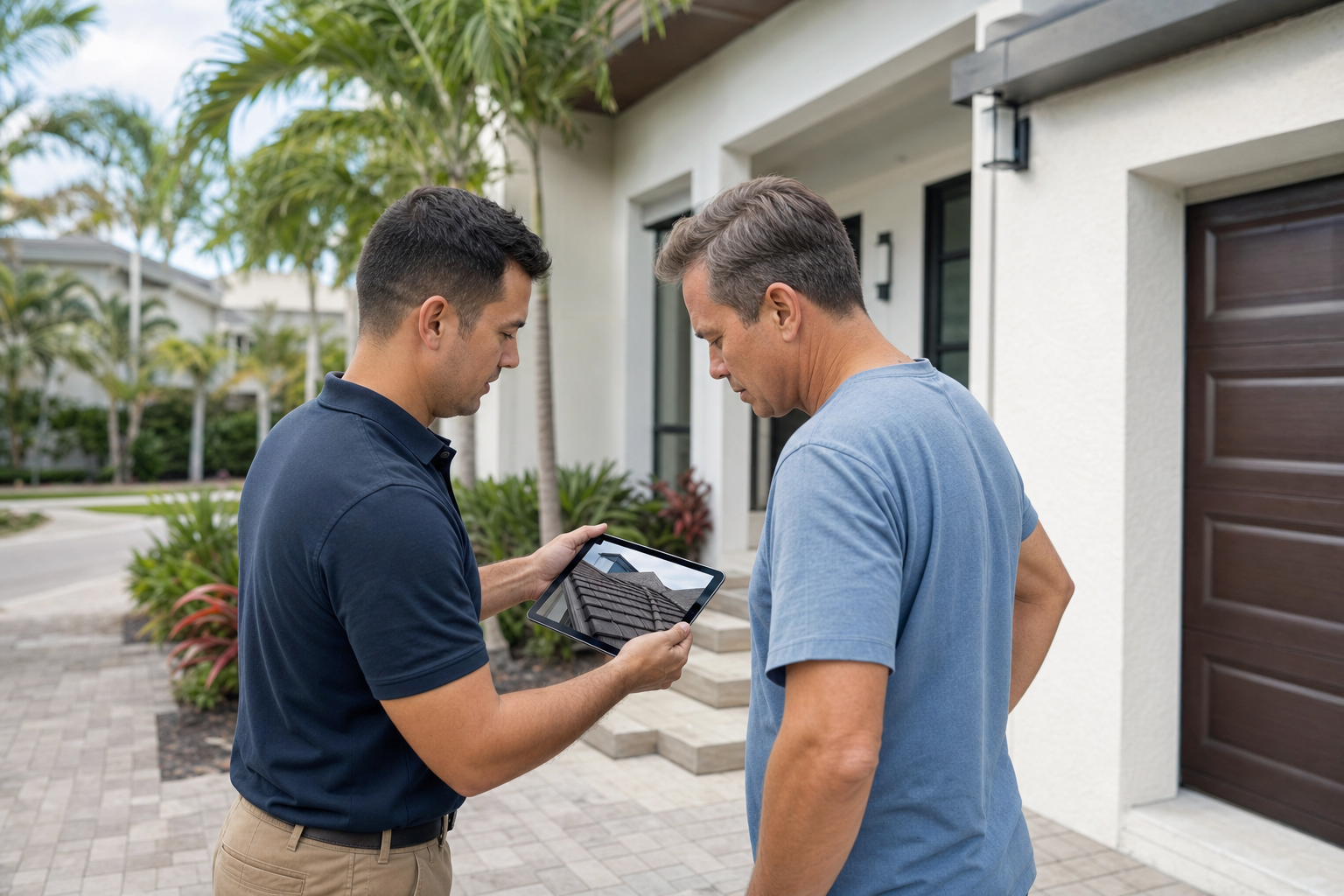 fotografía realista de un inspector de techos en el suelo frente a una casa de Miami revisando fotos del techo en una tableta con un propietario, ambos de pie en entrada segura, luz natural, ropa sin logotipos ni texto