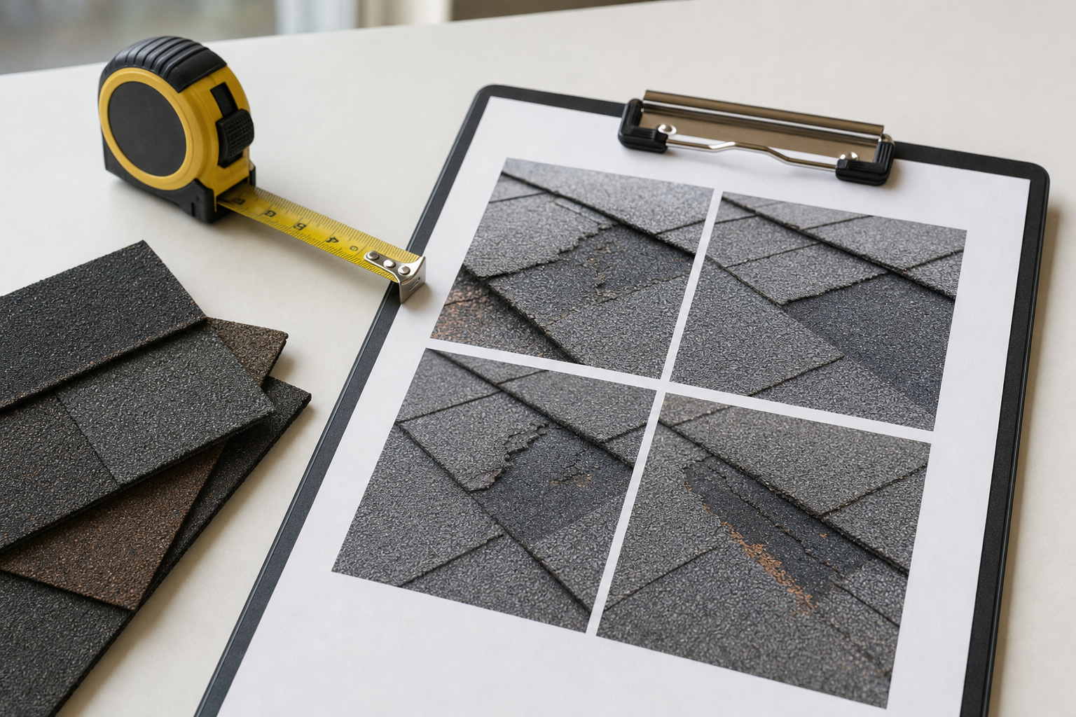 documentary photo of a roofing inspection clipboard with close-up printed photos of asphalt shingle wear, a tape measure, and shingle samples on a clean table, natural office light, no readable text