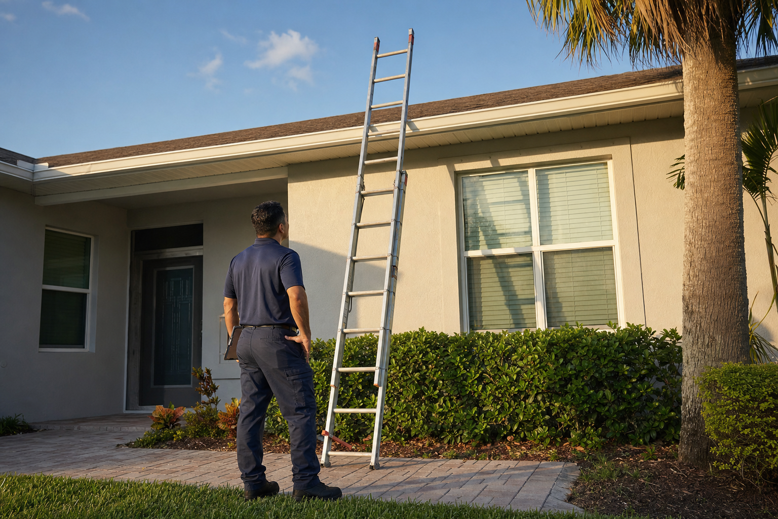 foto documental desde el suelo de un inspector observando la línea del techo de una casa en el sur de Florida, escalera apoyada de forma segura y completa en el encuadre, sin subir al techo, luz de tarde, sin logos ni texto