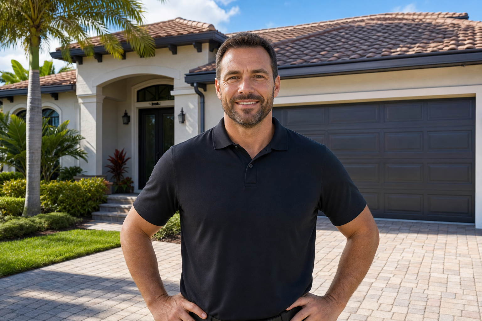 centered medium shot of a roofing consultant standing in front of a Miami home driveway, plain solid black polo with no visible logo or wordmark, professional and approachable mood, bright South Florida afternoon light, no text on image