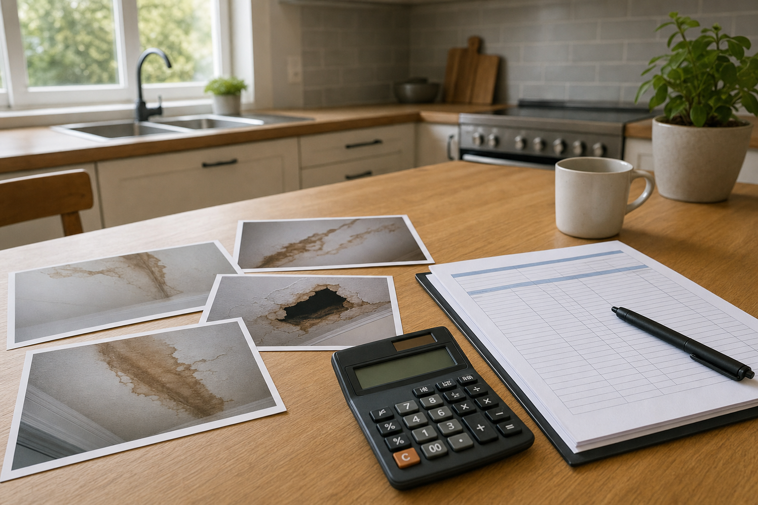 foto realista de una mesa de cocina con fotos impresas de daño en techo, una cotización de obra sin texto legible, calculadora y bolígrafo, luz natural entrando por una ventana, ambiente ordenado y tranquilo