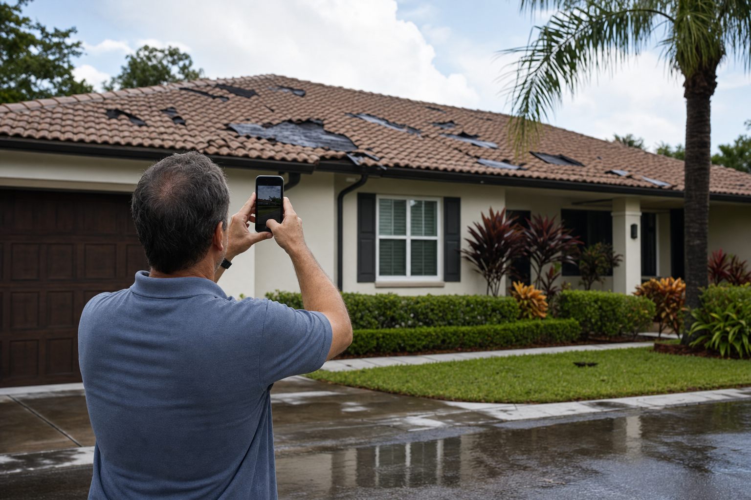 documentary photo of a South Florida homeowner safely photographing roof damage from the ground with a phone after a storm, wet driveway, visible roofline in background, natural afternoon light, no text