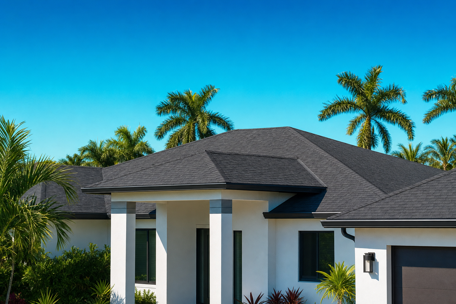 foto documental de una casa en Miami con techo de teja asfáltica recién instalado, cielo azul intenso, palmeras al fondo, luz limpia de la mañana, sin texto ni logotipos visibles