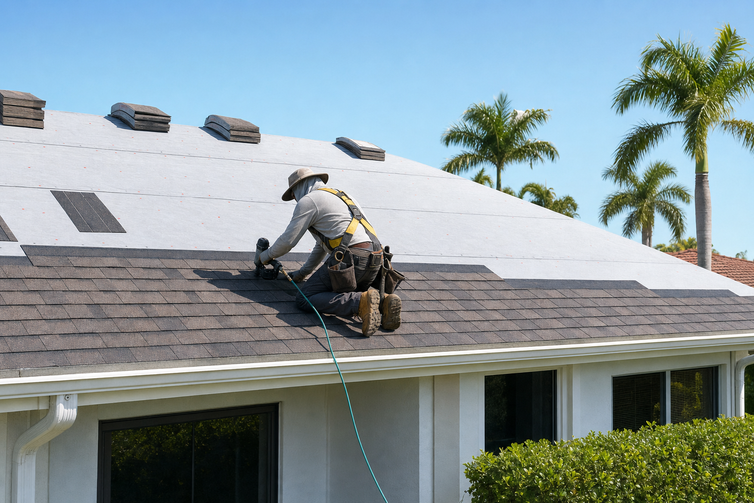 documentary photo of a South Florida asphalt shingle roof mid-installation with underlayment, starter strips, and shingle courses visible, sunny Miami light, safe clean jobsite, no text