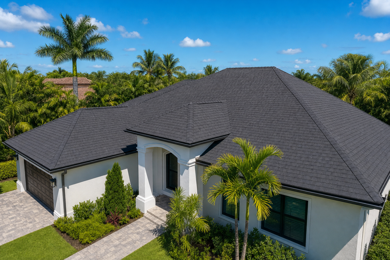 documentary 45-degree drone photo of a finished architectural shingle roof on a South Florida home, bright blue sky, clean roof lines, palms in background, realistic residential roofing photography, no text