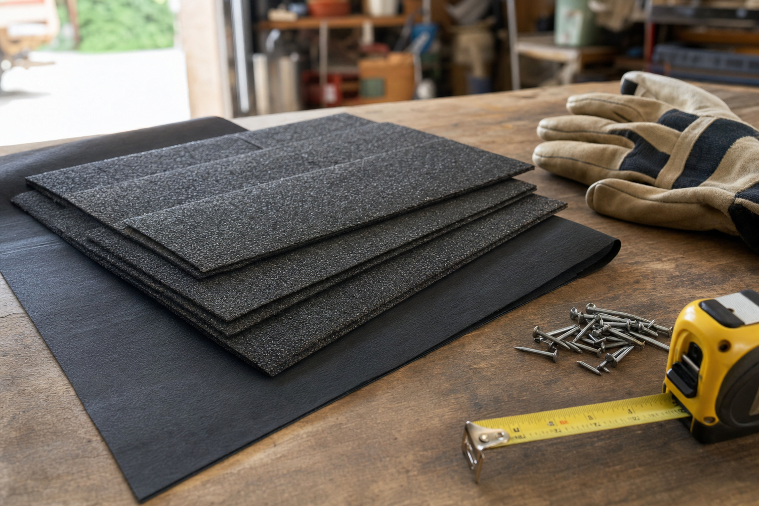 acercamiento realista de tejas asfálticas en una mesa de trabajo junto a una membrana/base, clavos, cinta métrica y guantes, luz natural de garaje, sin texto ni logotipos