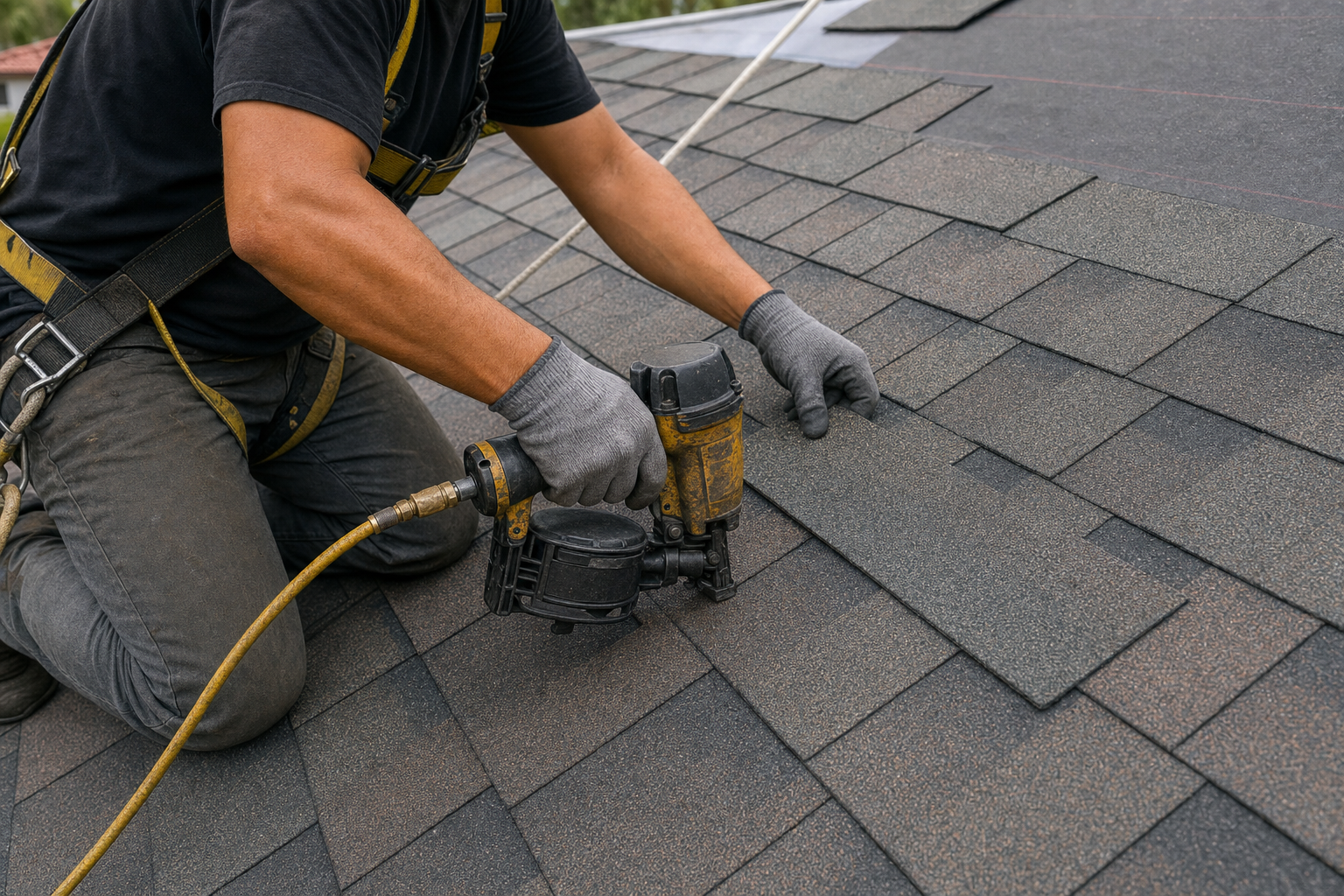 close-up documentary photo of architectural asphalt shingles being installed in straight courses on a Miami ranch-style home, gloved hands and nailer visible, worker safely centered on roof plane with harness line visible, plain solid black work shirt with no visible logo or wordmark, no text